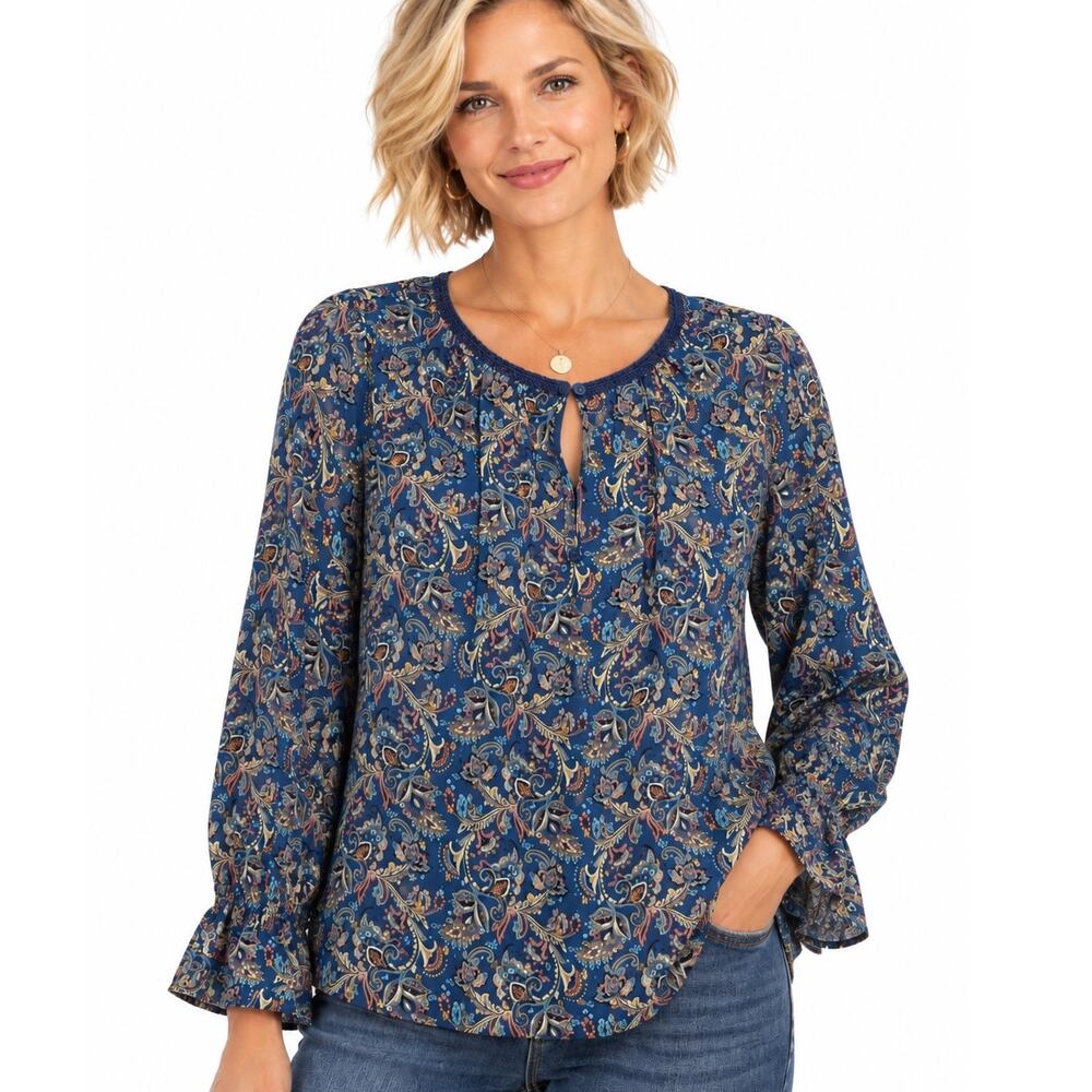 Daniel Rainn Keyhole Blouse Womens Medium Blue Paisley Long Sleeve Career Top